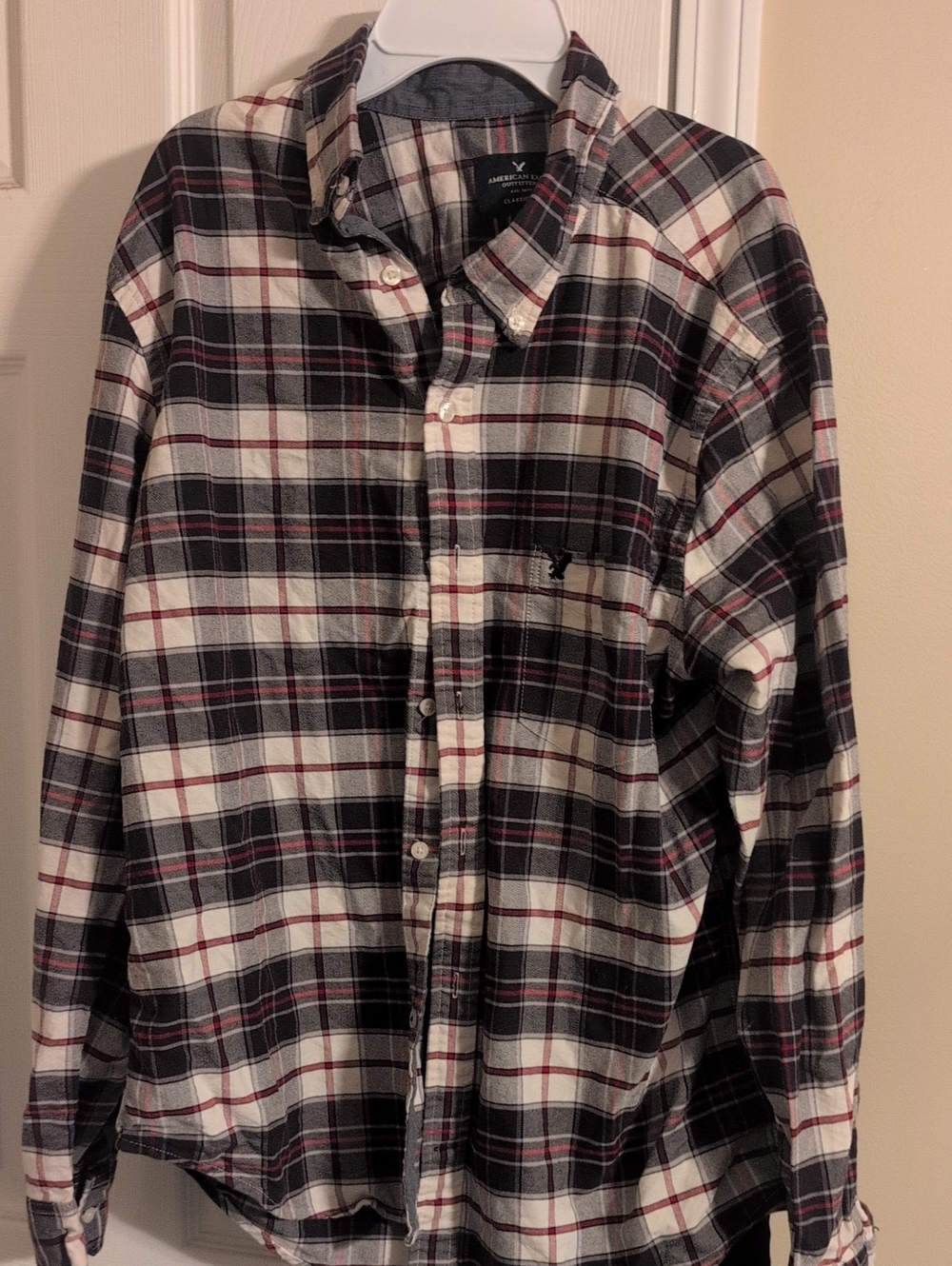Button-Down Plaid Flannel Shirt - Black & White with Red Stripe
